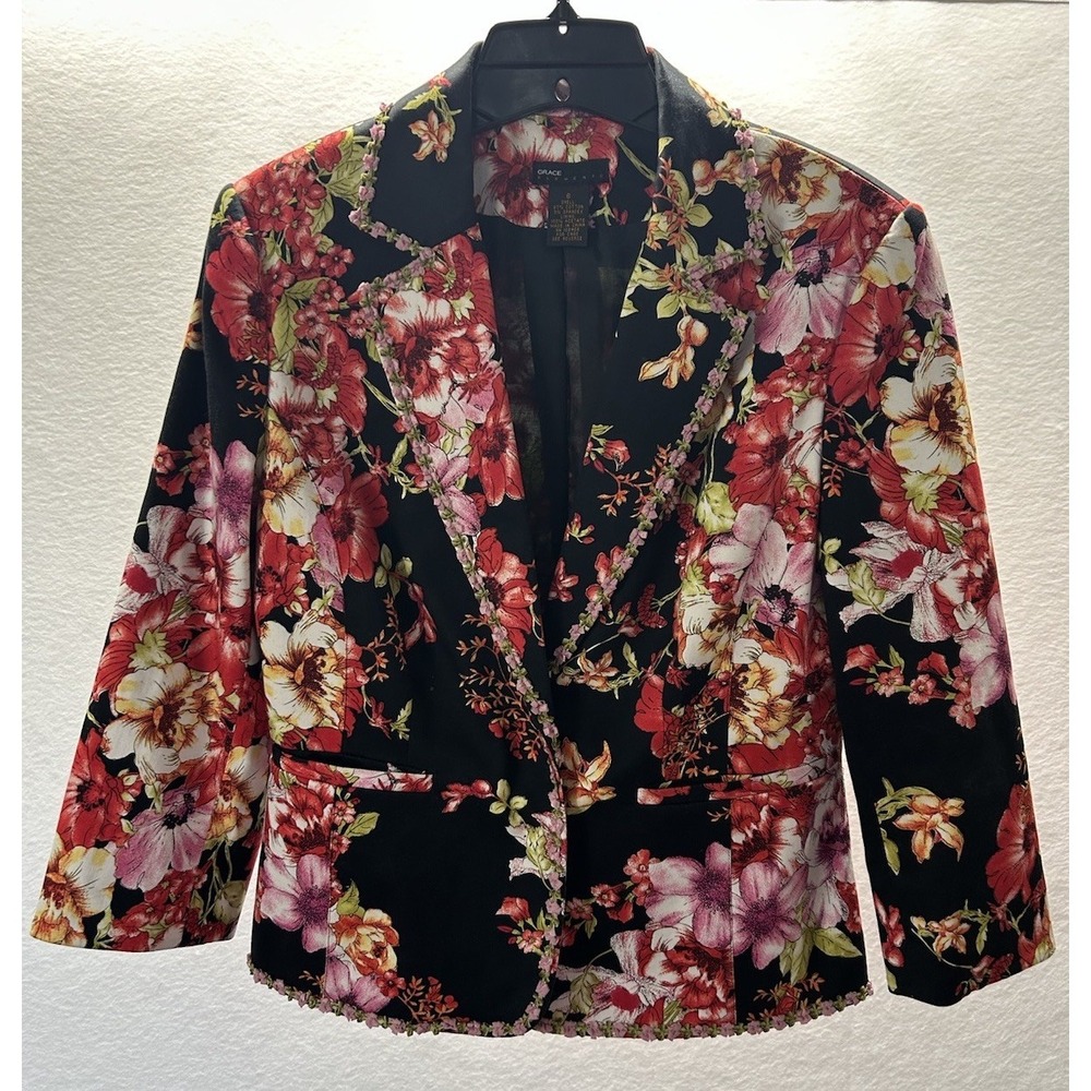Grace Elements Women's Black Multicolor Floral Blazer Jacket Size 6‎ EUC! $129